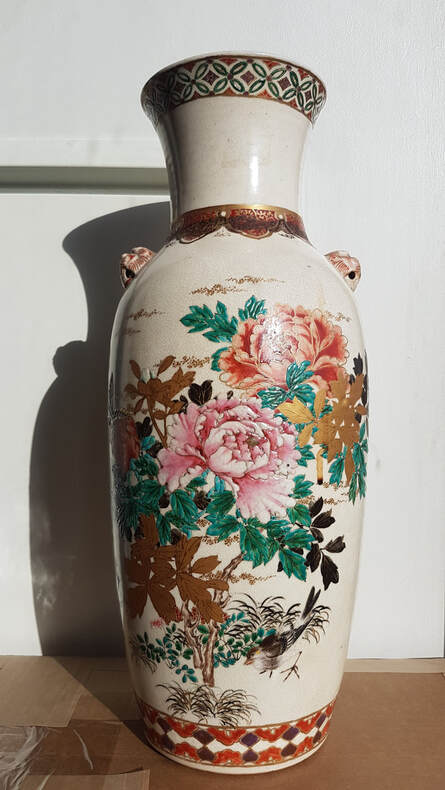 Antique Japanese Vase, 15 Tall, Meiji Period Kutani, Rare Boating